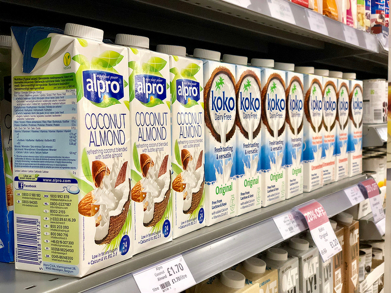 almond milk cartons in a supermarket